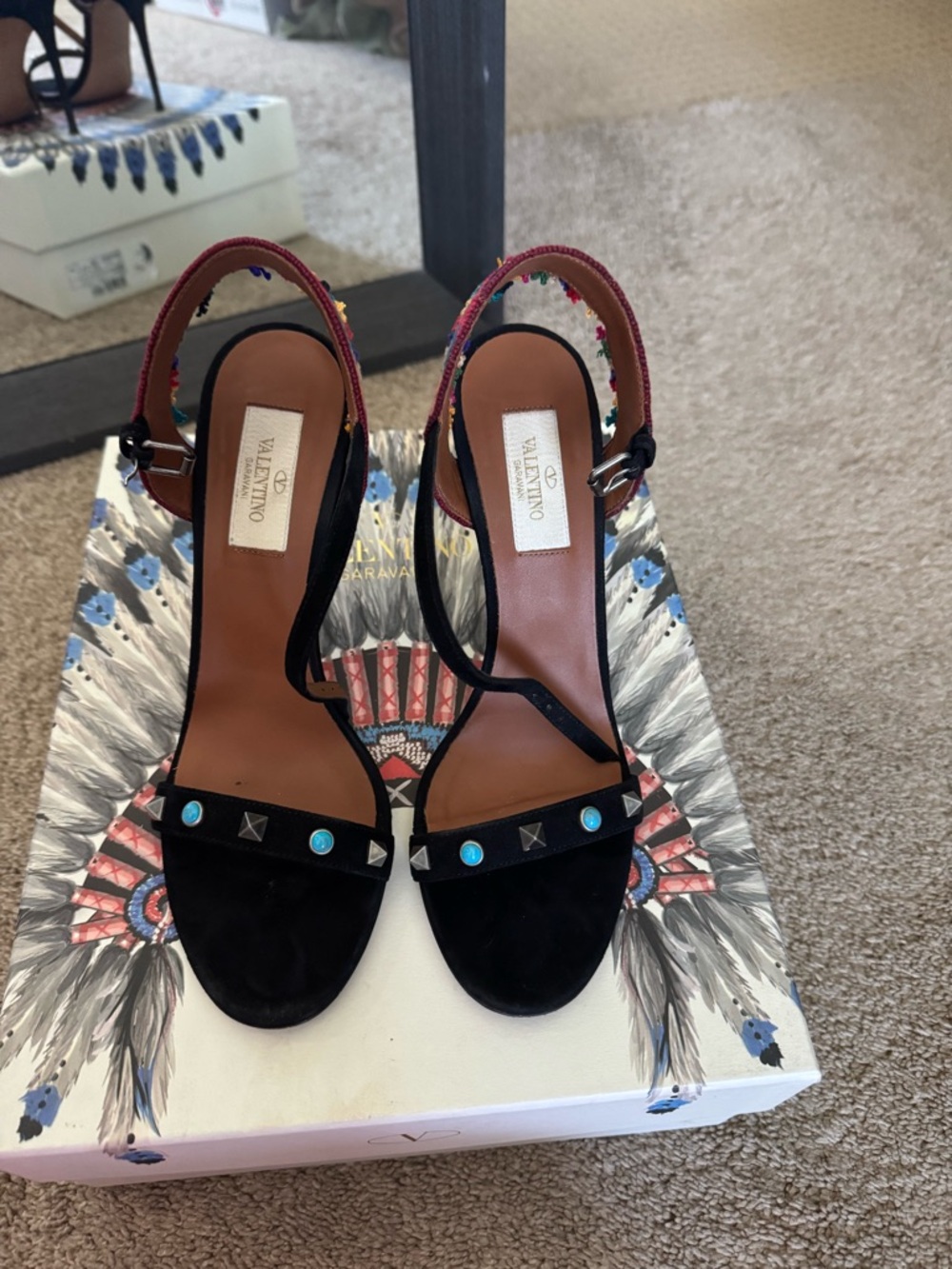 Valentino Black Suede Studded Ankle-Strap Sandals with Turquoise Accents